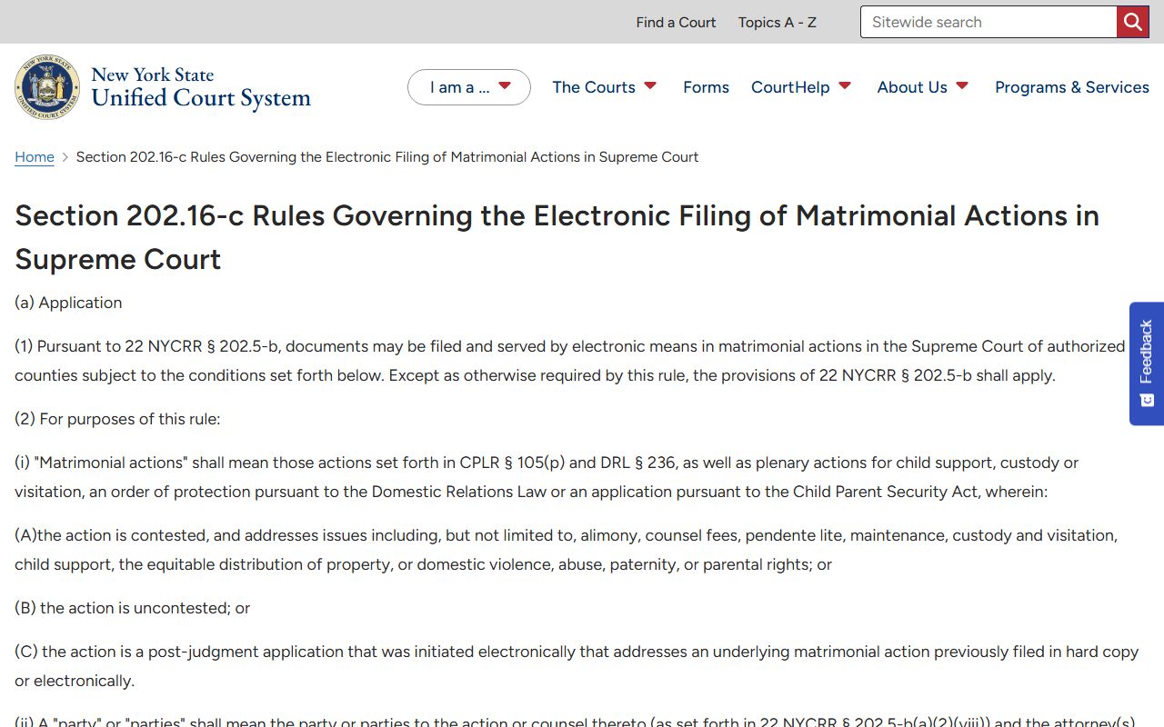22 NYCRR 202.16-c rule governing New York County matrimonial court records electronic filing