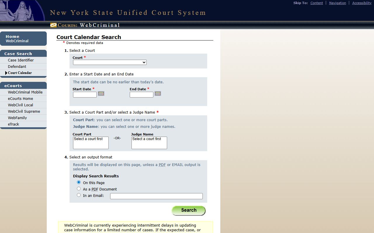WebCriminal calendar form for New York County criminal court docket search
