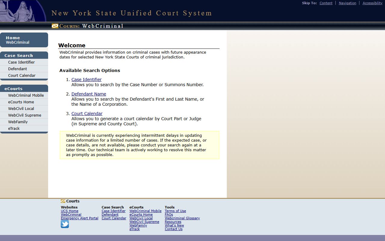 WebCriminal landing page with three search options for New York County arrest and criminal records