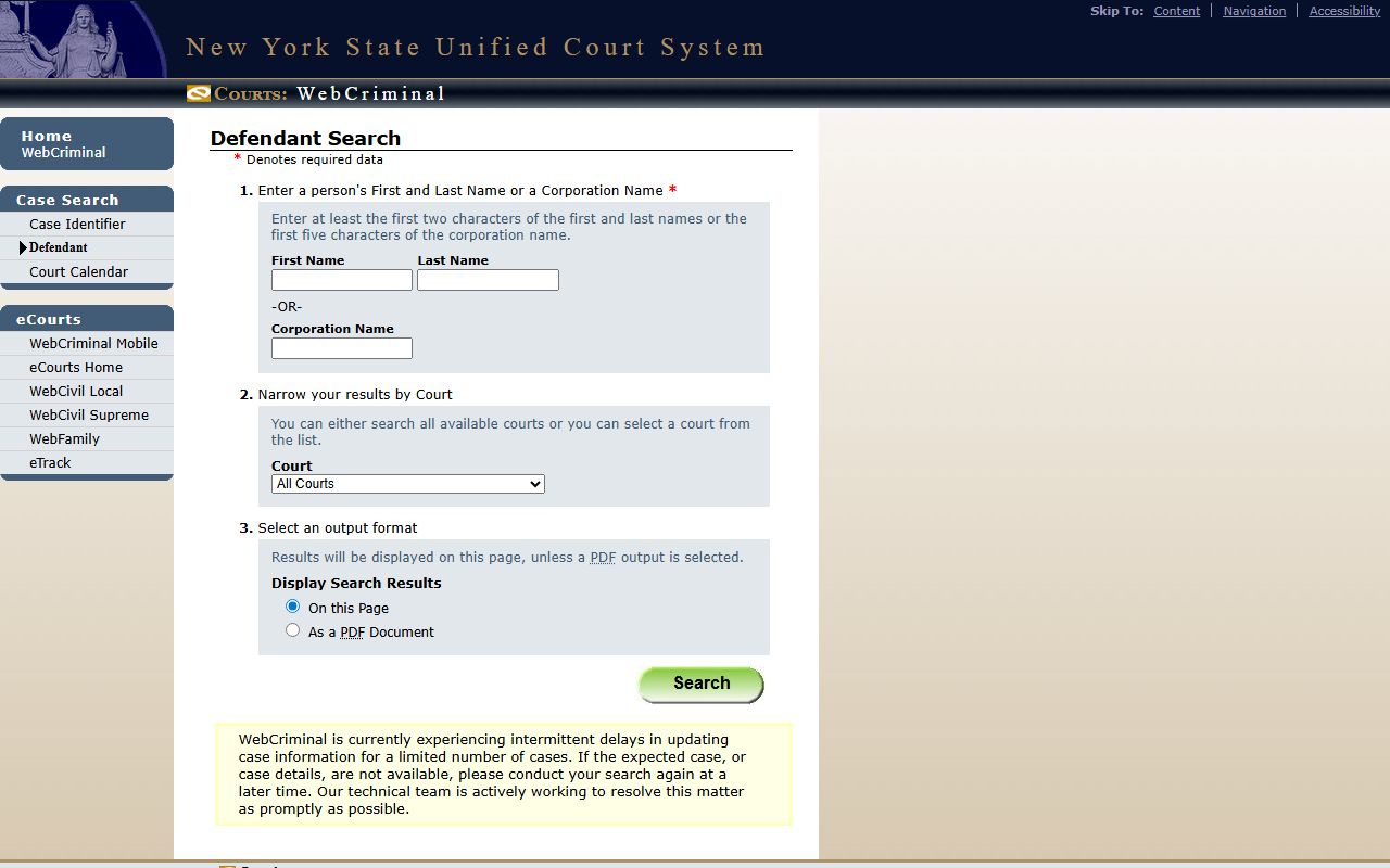 WebCriminal defendant search form for New York County arrest records and criminal records lookup