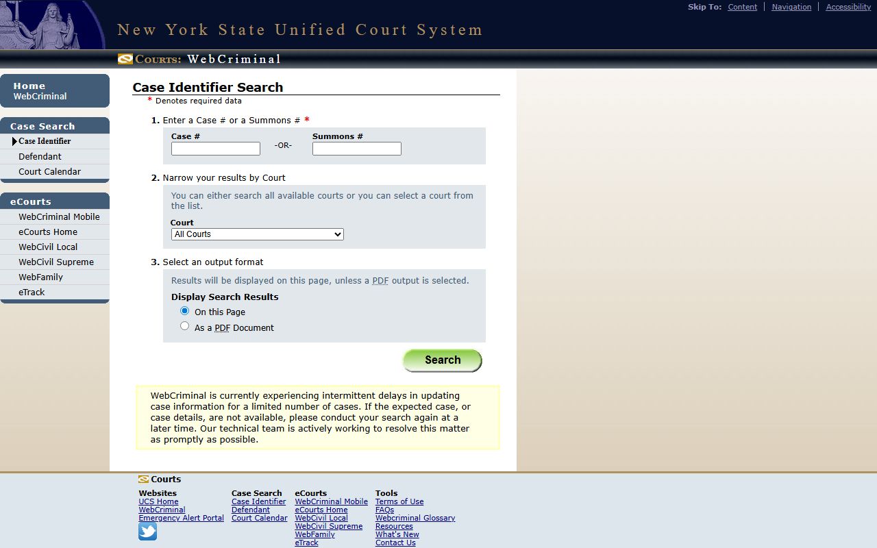 WebCriminal case identifier search for New York County criminal records by docket or summons number