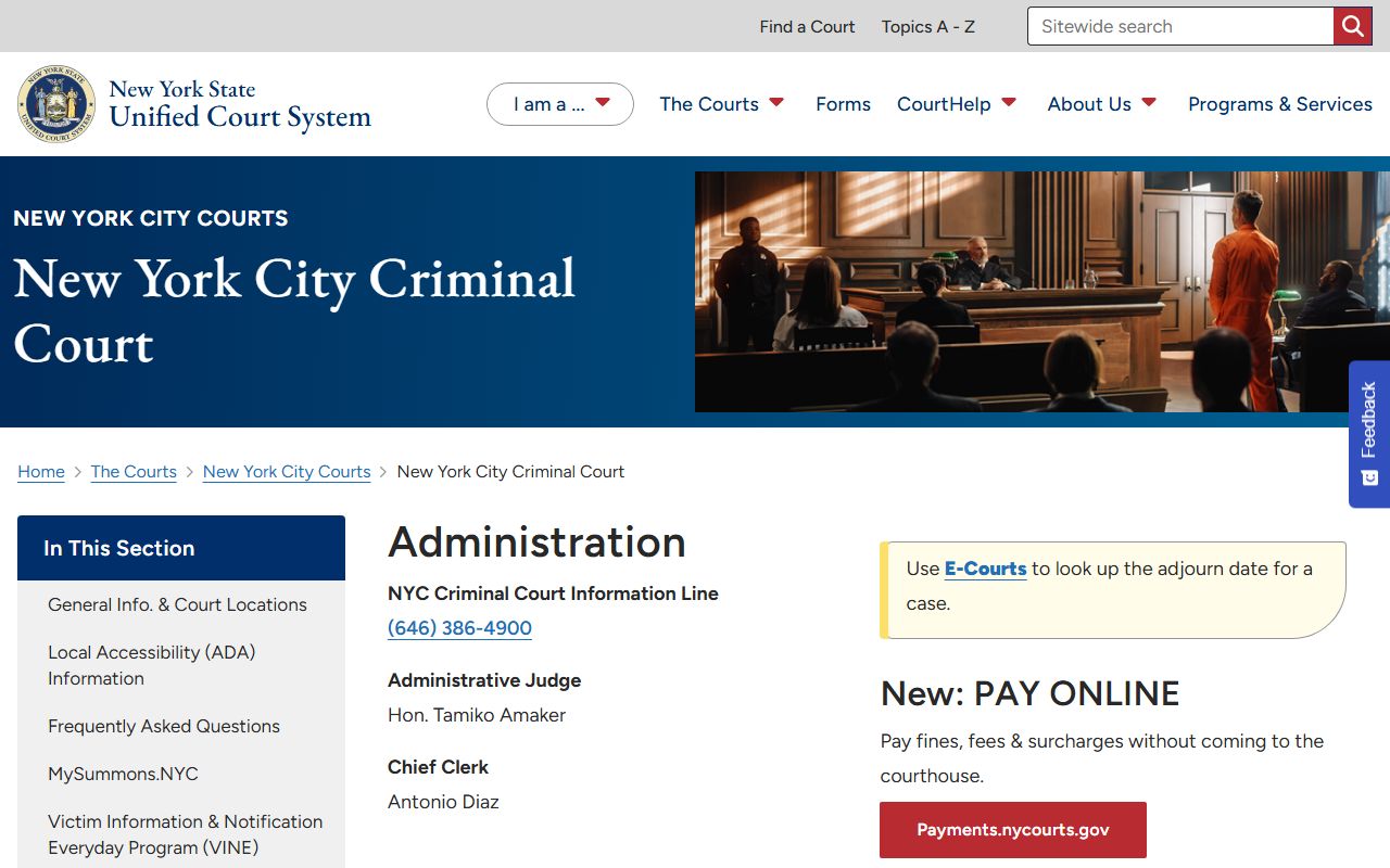 Official NYC Criminal Court landing page for New York County criminal records