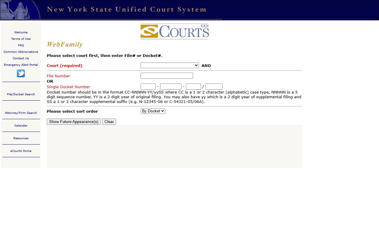 WebFamily file and docket search page for New York County Family Court records