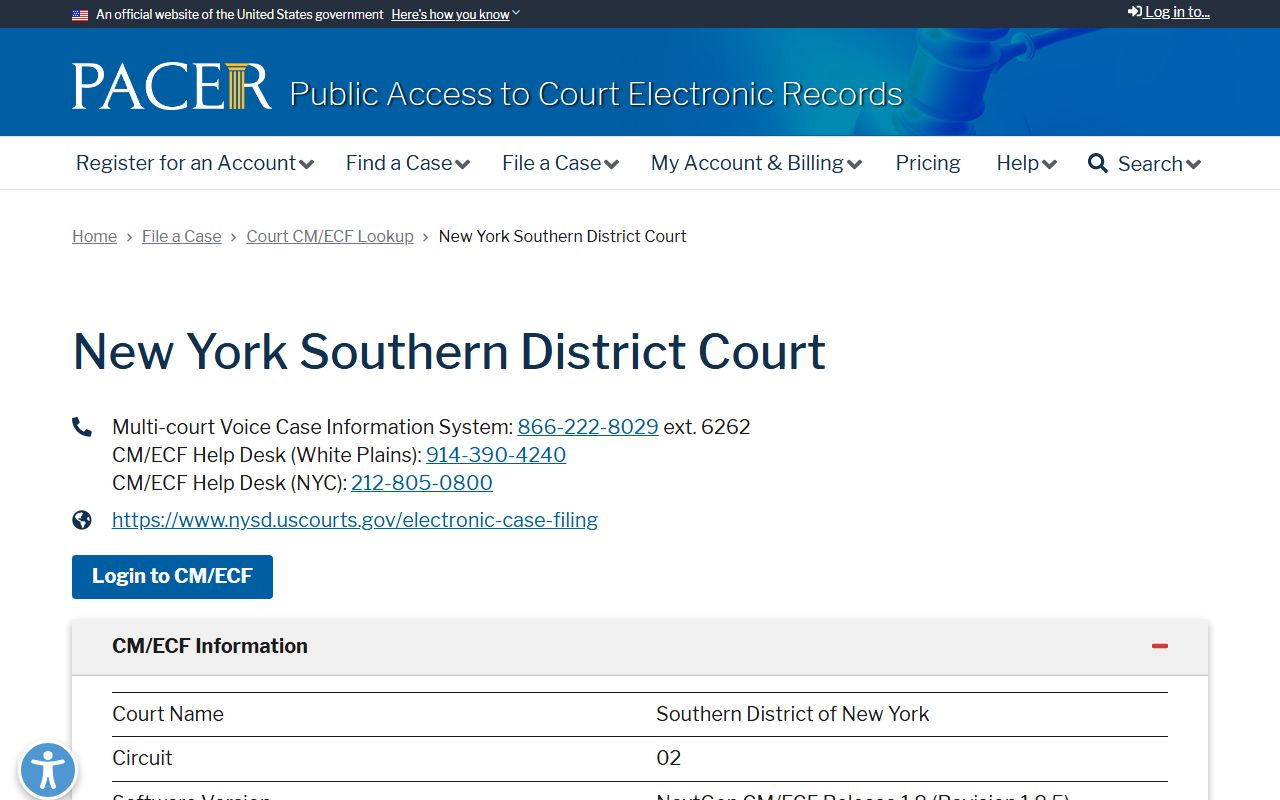 PACER court information page for the Southern District of New York federal court records