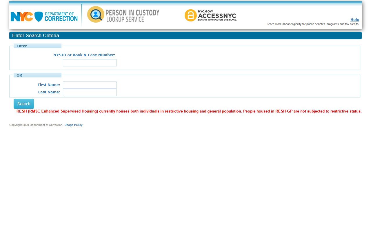 NYC DOC P.I.C Lookup form with NYSID, Book and Case Number, first name, and last name fields for New York County inmate records