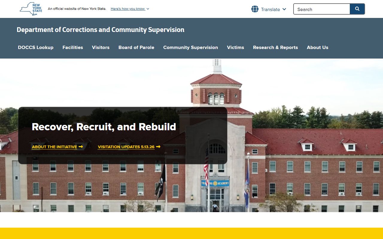 NYS DOCCS homepage used for New York County released inmates verification and parole information