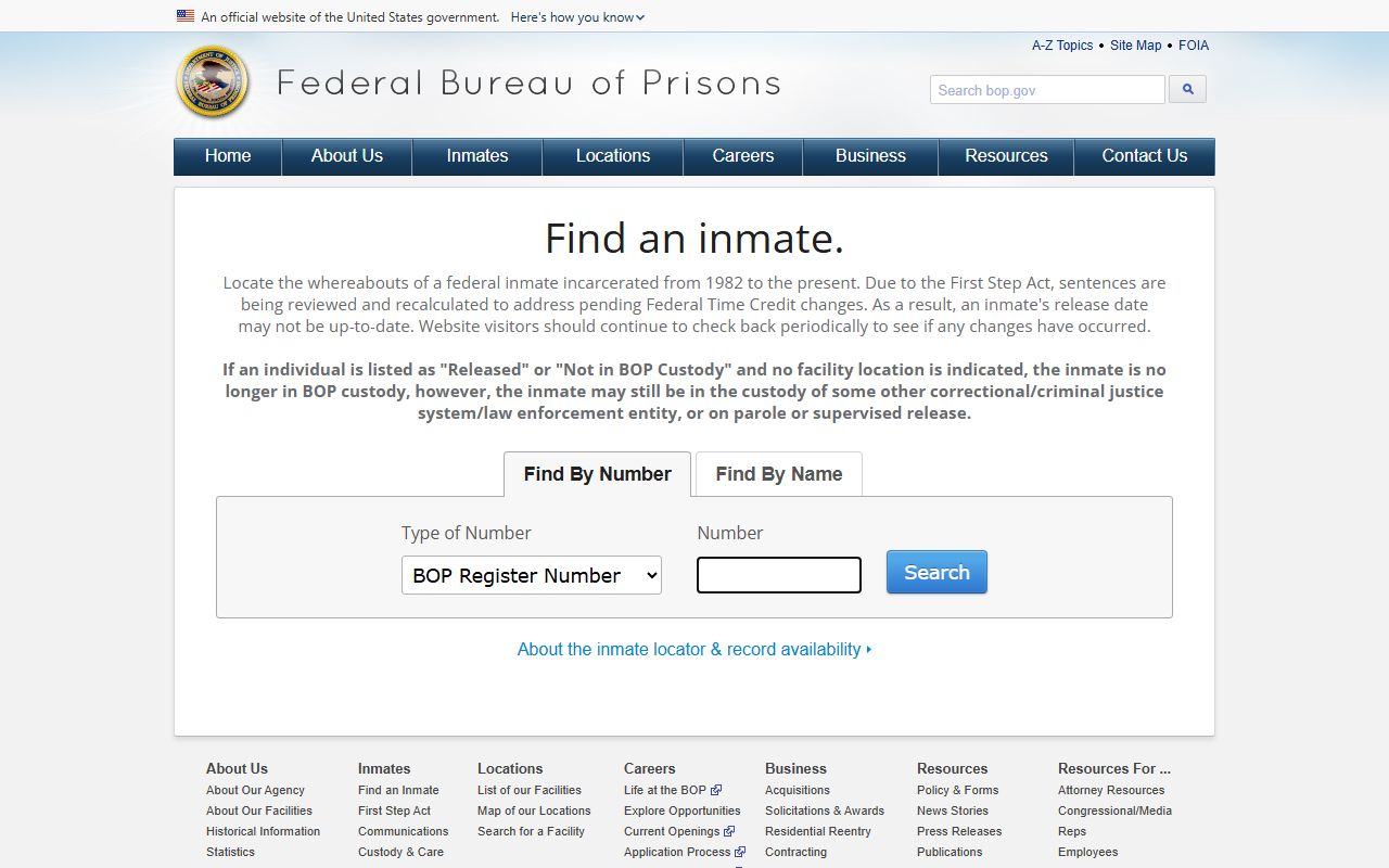 Federal BOP inmate locator used for New York County released inmates federal custody search