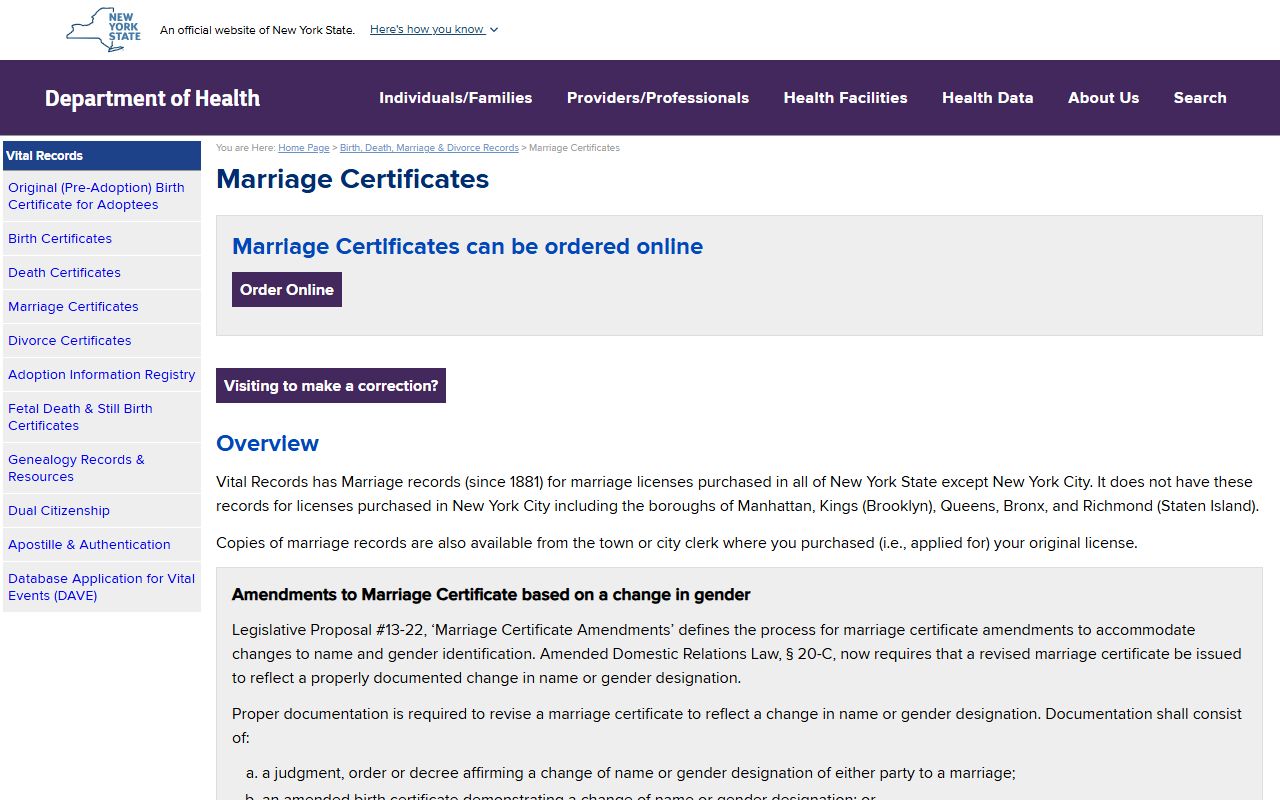 New York State Department of Health marriage records page for New York County marriage and divorce records