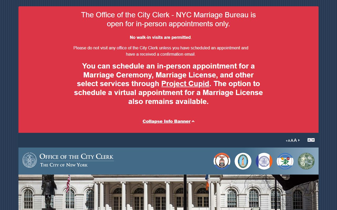 NYC City Clerk marriage license page for New York County marriage and divorce records