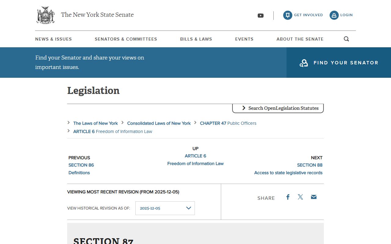 Public Officers Law Section 87 text governing access to agency records for New York County public records requests