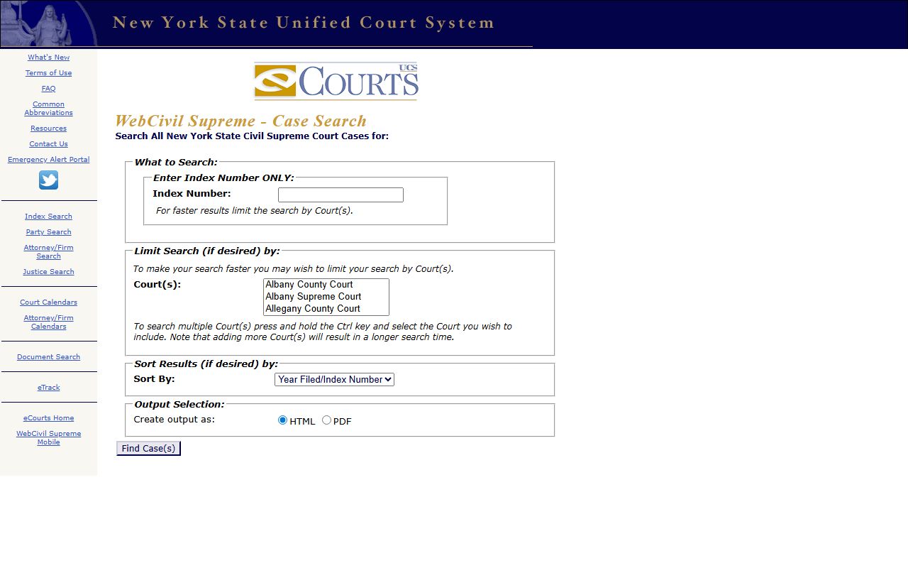 WebCivil Supreme search form fields for New York County court records search