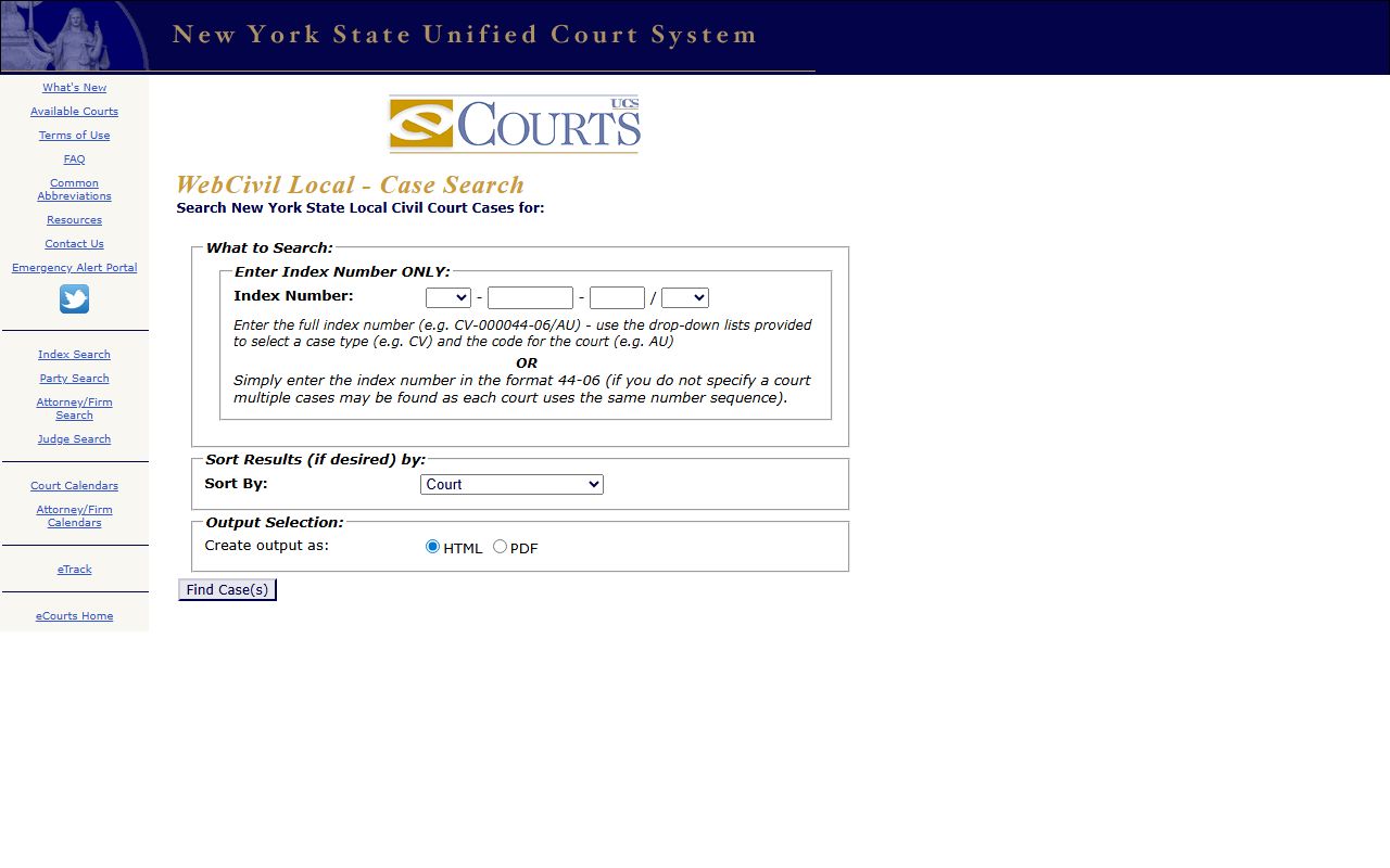 WebCivil Local index and combined search page for New York County Civil Court records