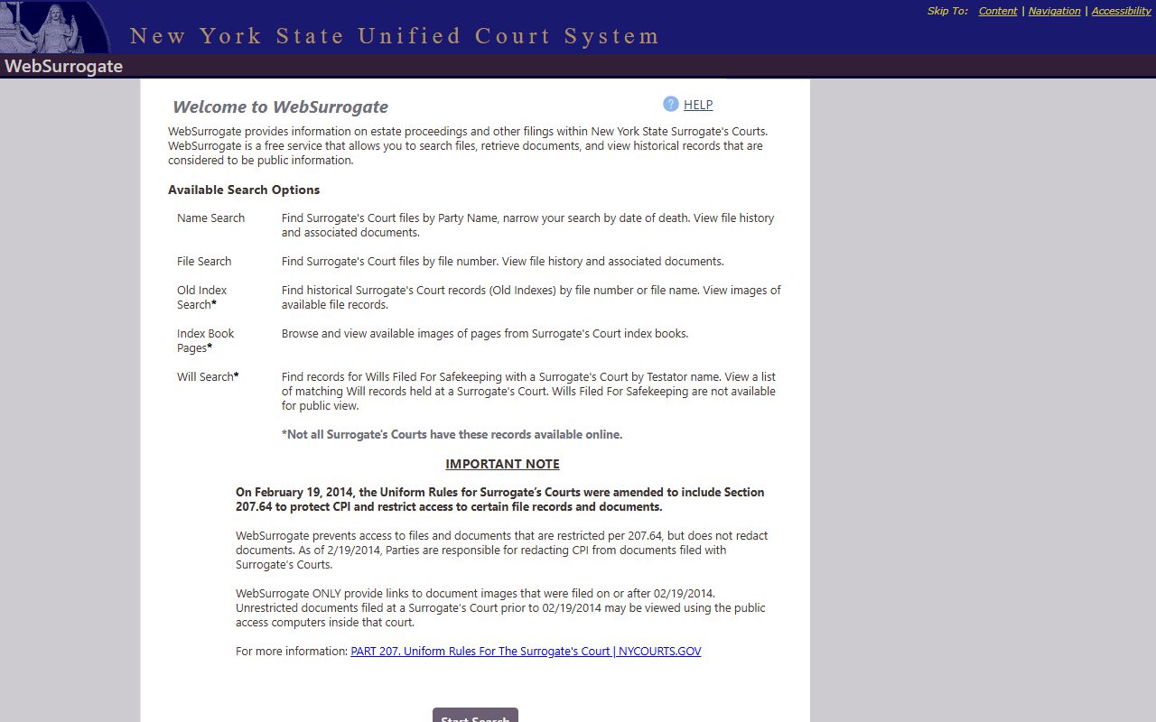 WebSurrogate public search portal for New York County Surrogate's Court probate records