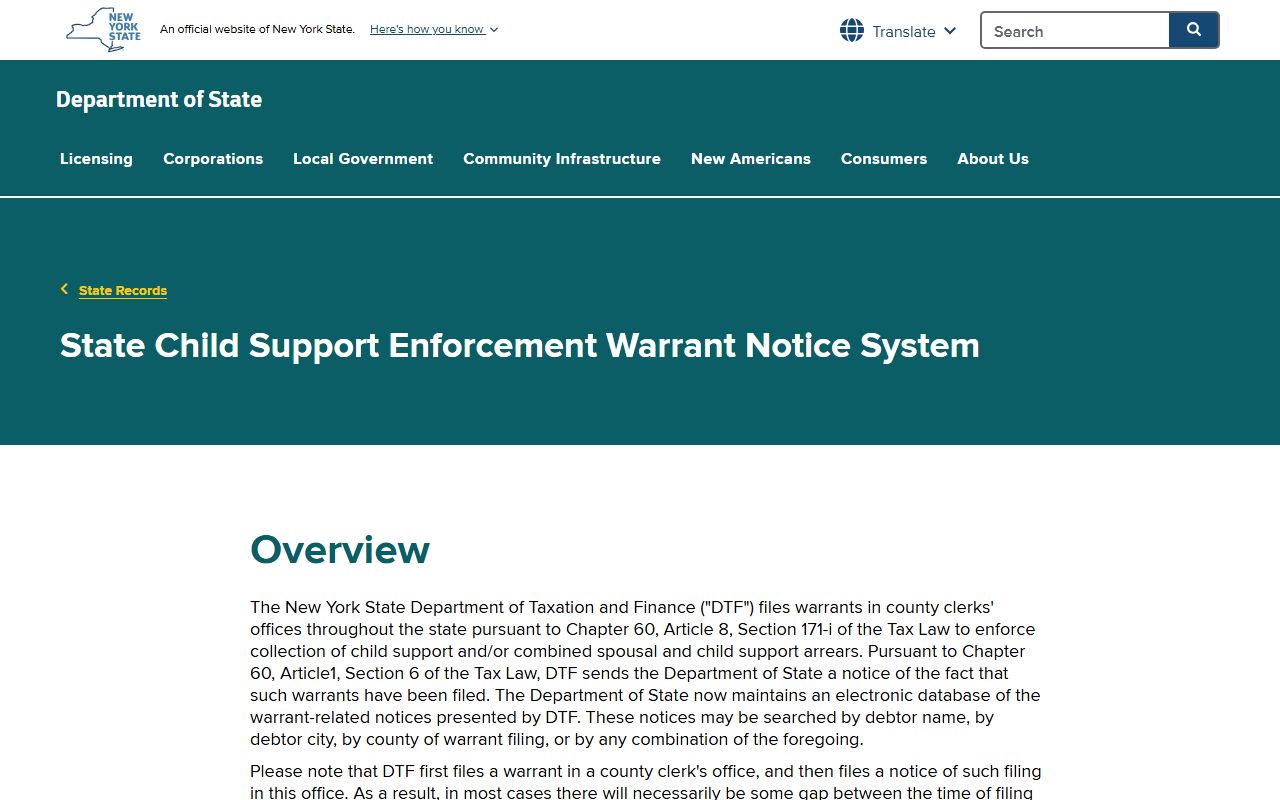 New York State child support enforcement warrant notice system for New York County warrant records