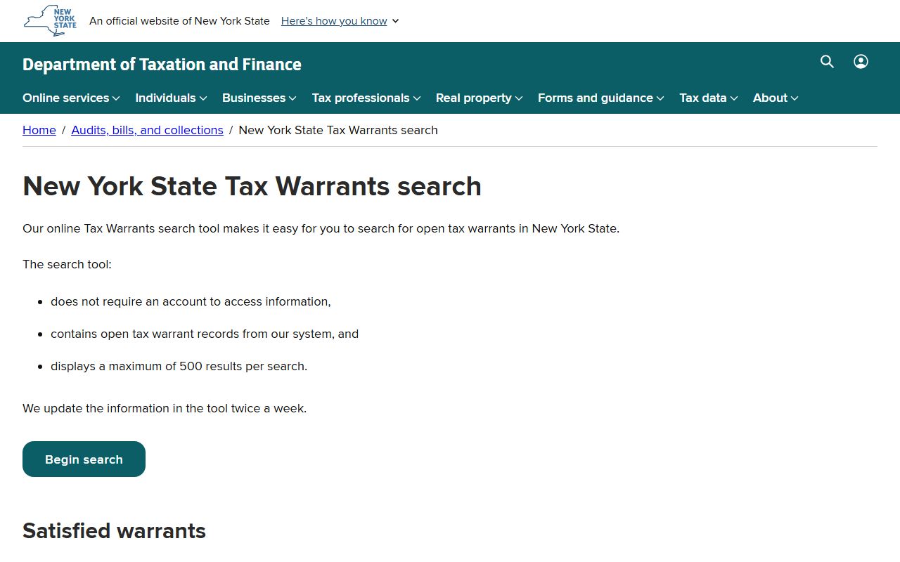 New York State tax warrant search page for New York County warrant records