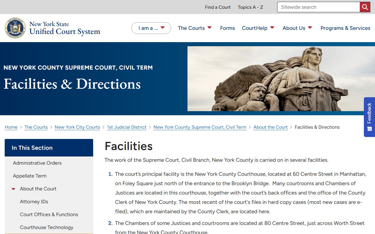 New York County Supreme Court Civil Term facilities and directions page listing courthouse addresses