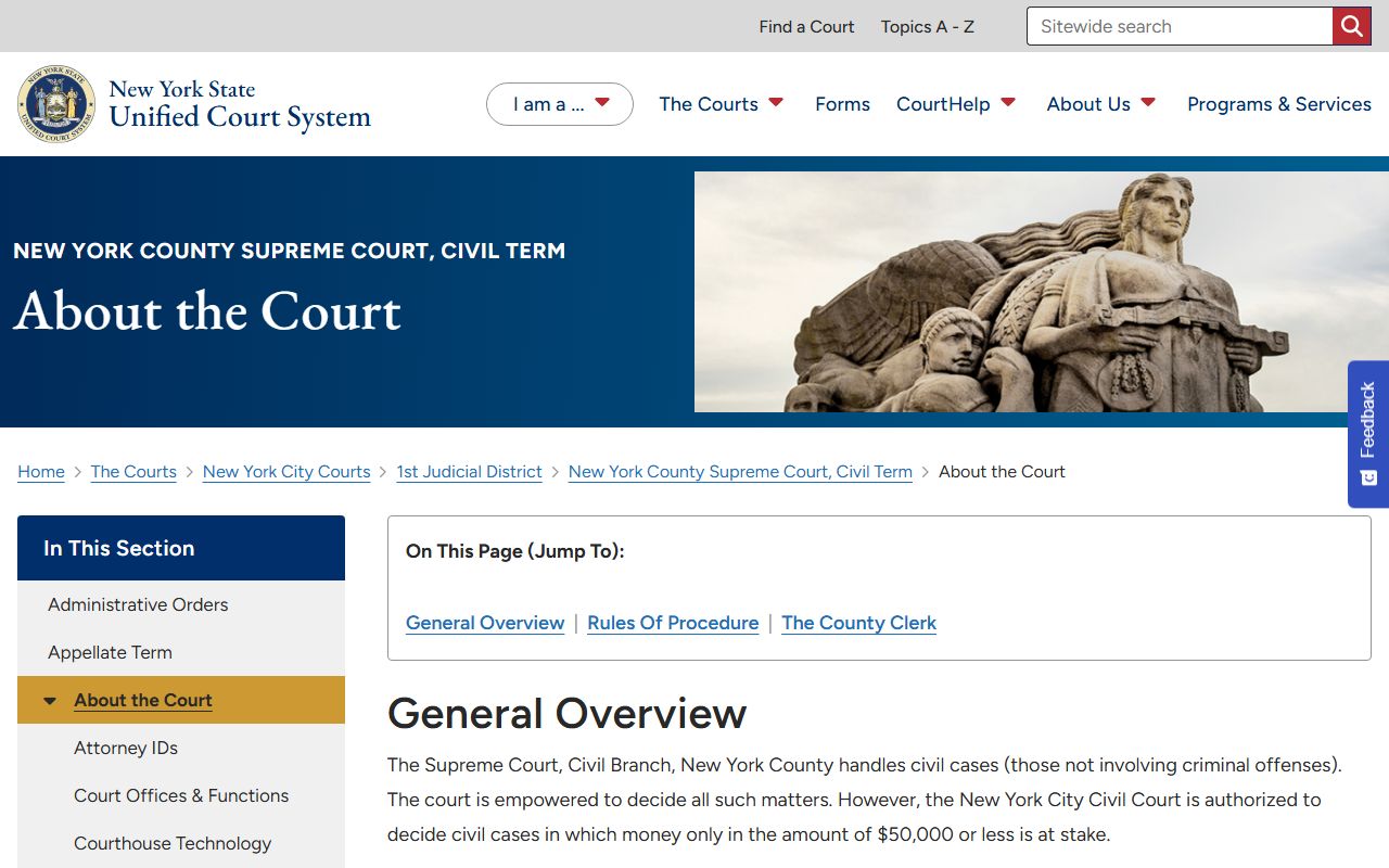 New York County Supreme Court Civil Term about-the-court page explaining jurisdiction and County Clerk record functions